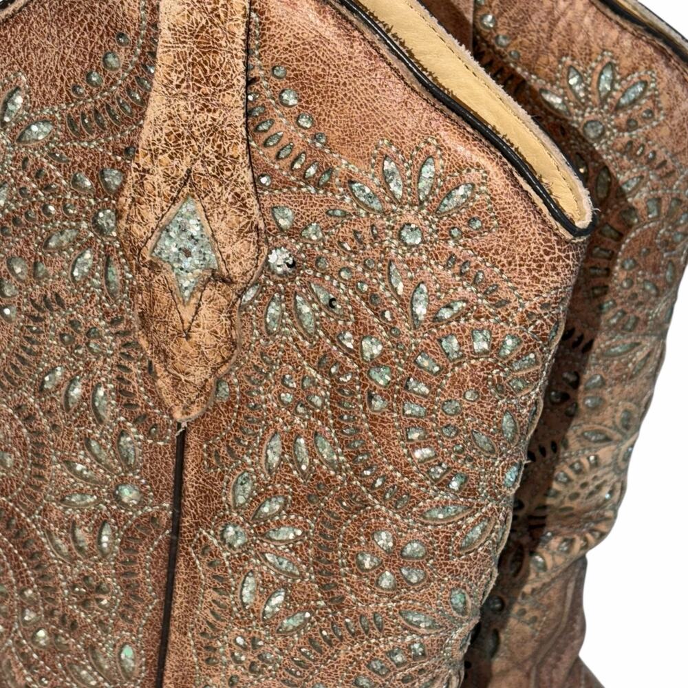 Corral Brown Leather Turquoise Glitter Inlay & Stitching Boots Snip Toe A3352 7M - Picture 4 of 16